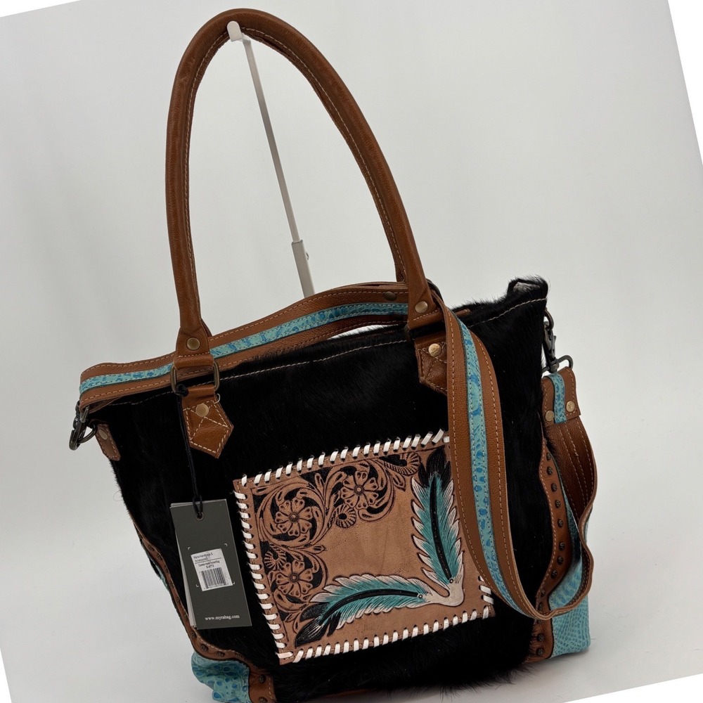 Myra Bag Camera Hand-Tooled Bag Women Medium Black Turquoise Western S-4772 New